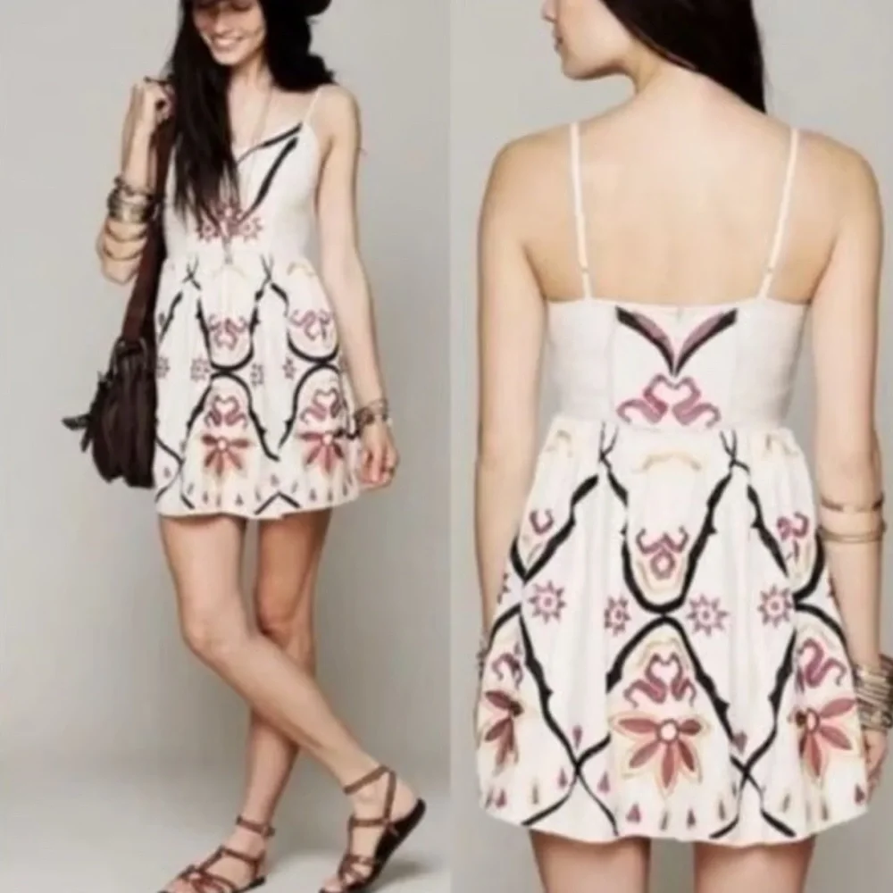 Free People White and Pink Embroidered Mini Dress EUC - Picture 13 of 14